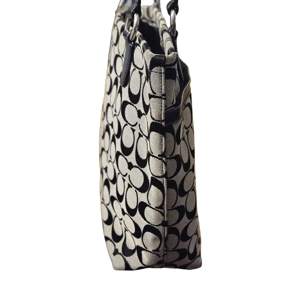 Coach‎ Signature Gallery Tote Black White Jacquard Patent Leather Shoulder Bag